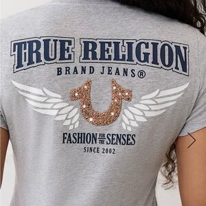 True Religion Crushed Crystal Horseshoe V Neck Tee
 Sz “L” MSRP $62 NWT